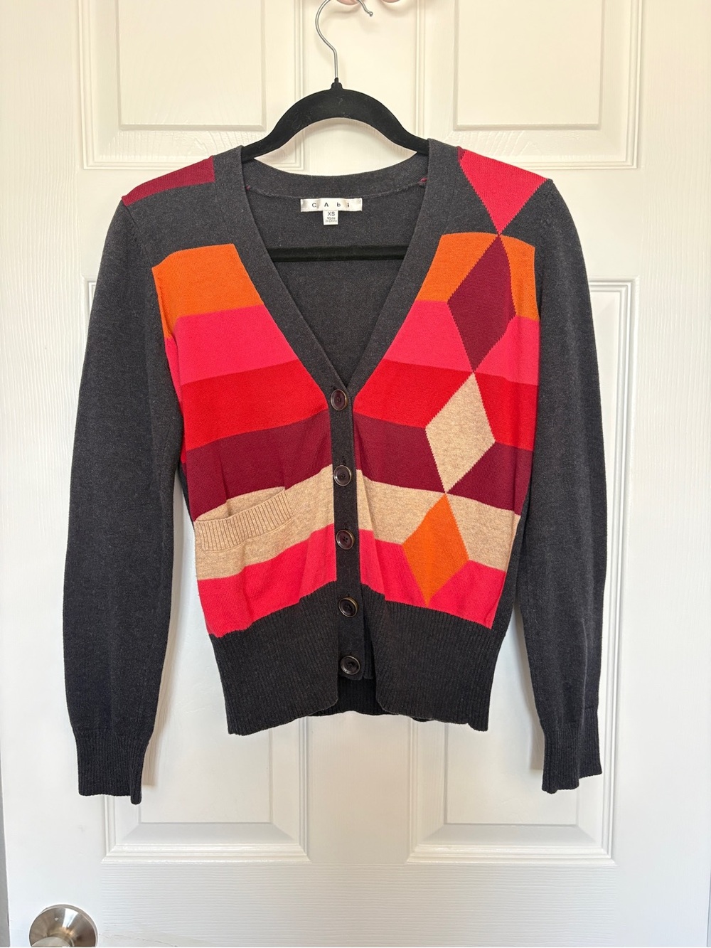CAbi Geometric Colorblock Cardigan - Charcoal, Red, Pink, Orange, Tan - Picture 3 of 5